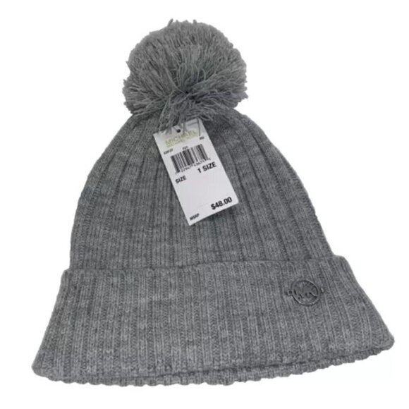 Michael Kors Cable Knit Pom Beanie Heather Grey Logo Cuff NWT - Picture 1 of 8